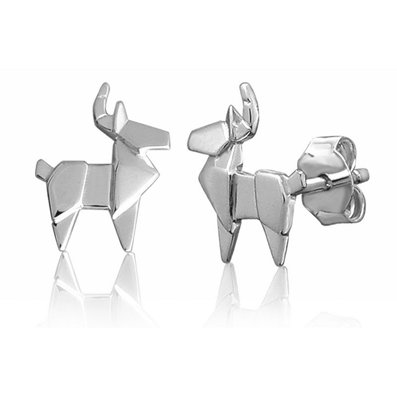 Deer Origami Rhodium Enhanced Sterling Silver Stud Earrings