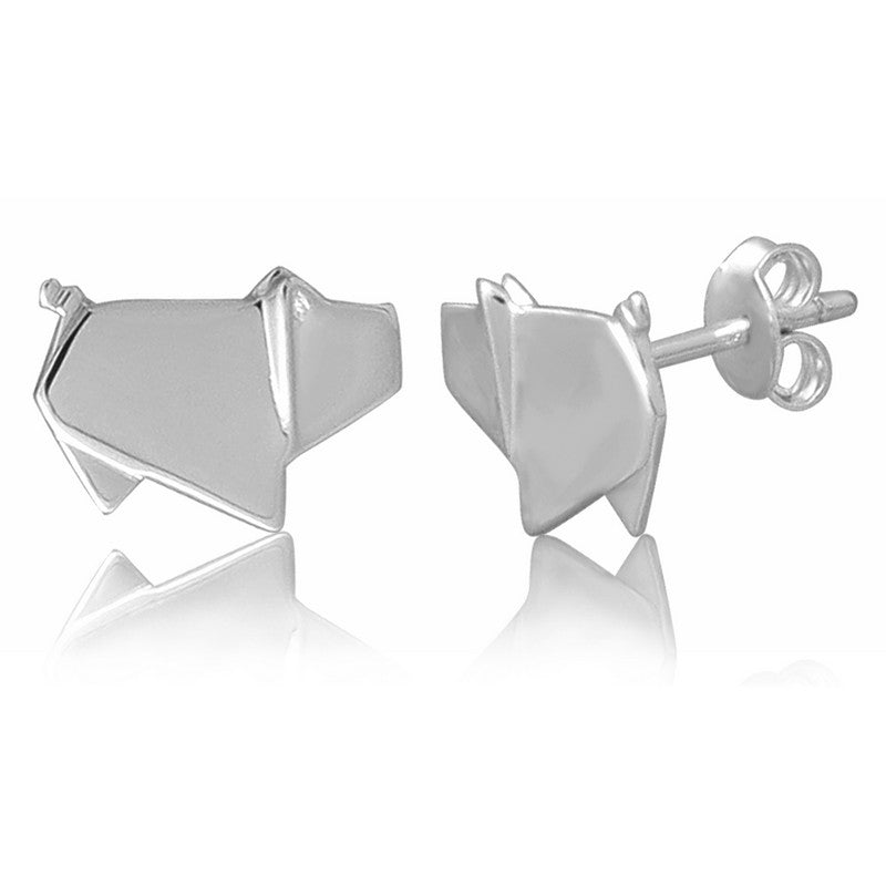 Pig Origami Rhodium Enhanced Sterling Silver Stud Earrings