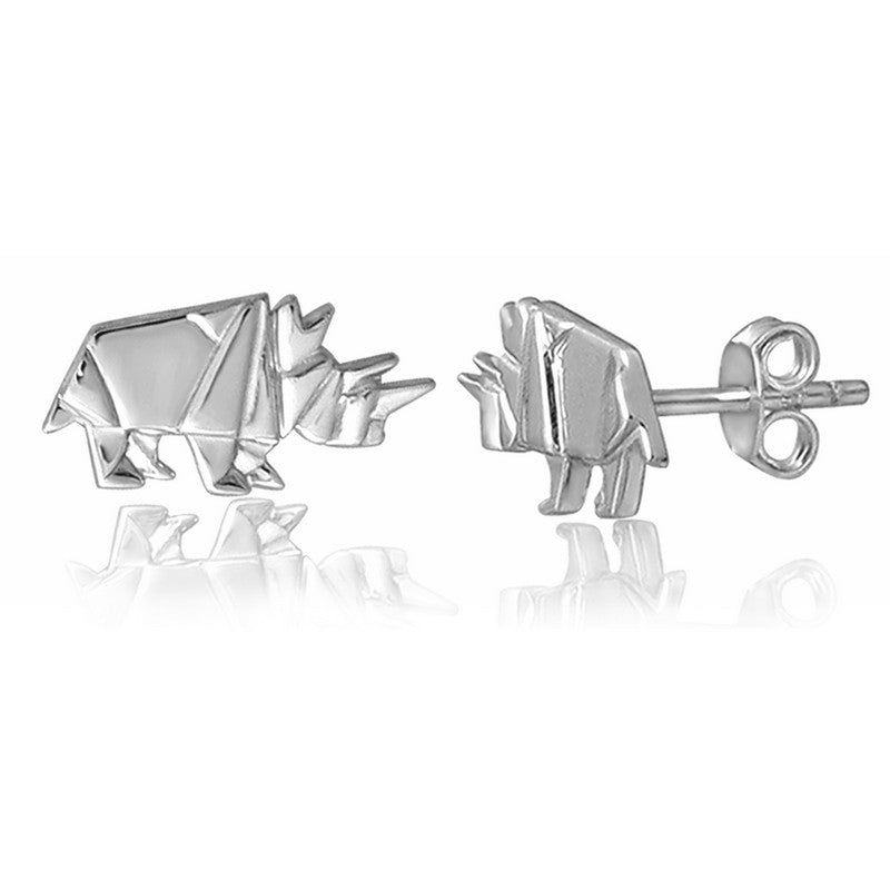 Rhino Origami Rhodium Enhanced Sterling Silver Stud Earrings