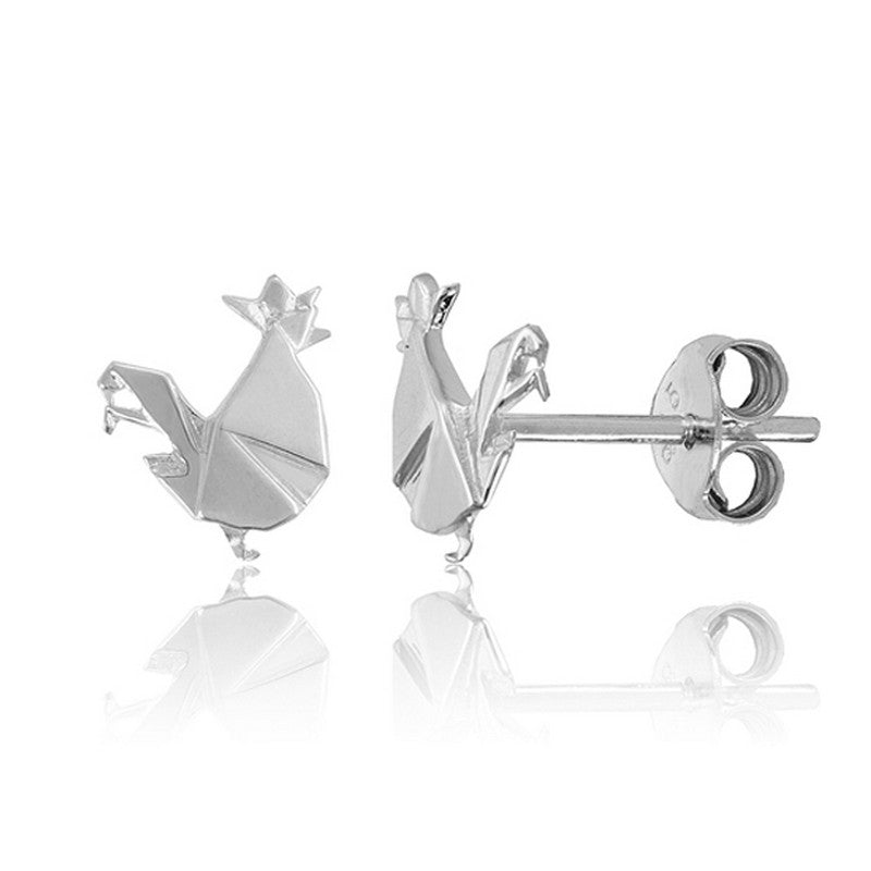 Rooster Origami Rhodium Enhanced Sterling Silver Stud Earrings