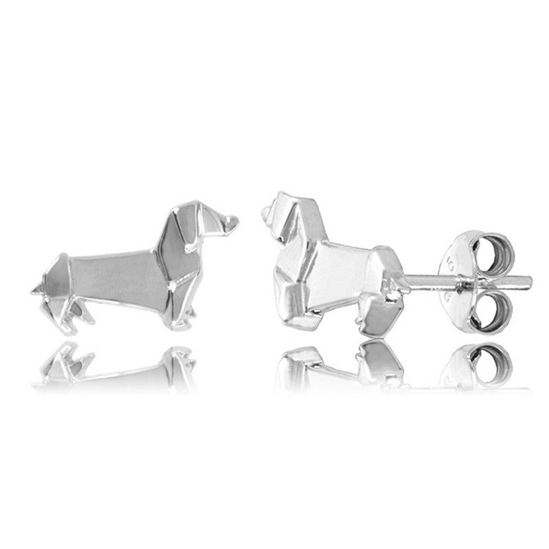 Sausage Dog Origami Rhodium Enhanced Sterling Silver Stud Earrings