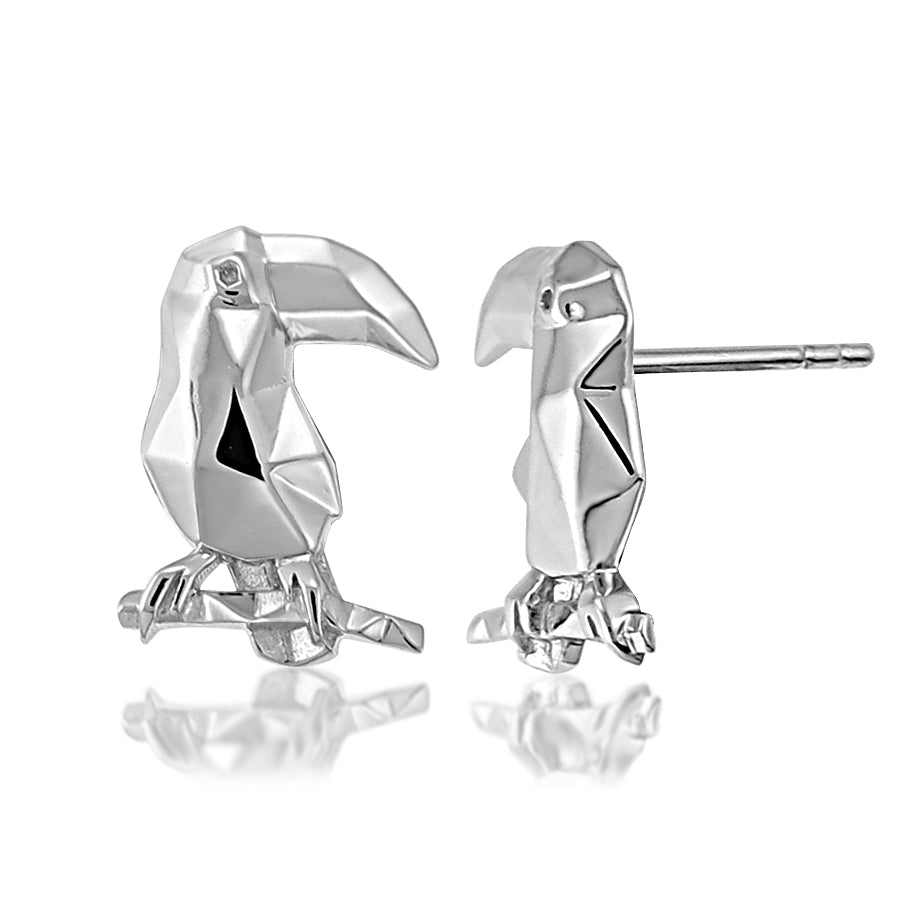 Toucan Origami Rhodium Enhanced Sterling Silver Stud Earrings