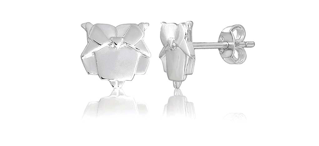 Owl Origami Rhodium Enhanced Sterling Silver Stud Earrings