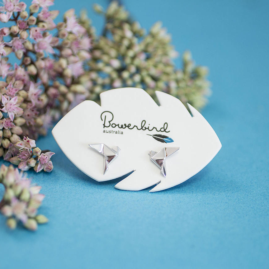 Dove Origami Rhodium Enhanced Sterling Silver Stud Earrings