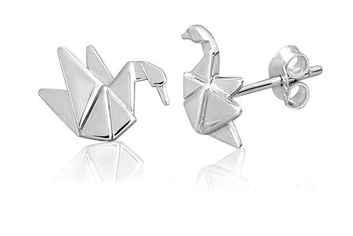 Swan Origami Rhodium Enhanced Sterling Silver Stud Earrings