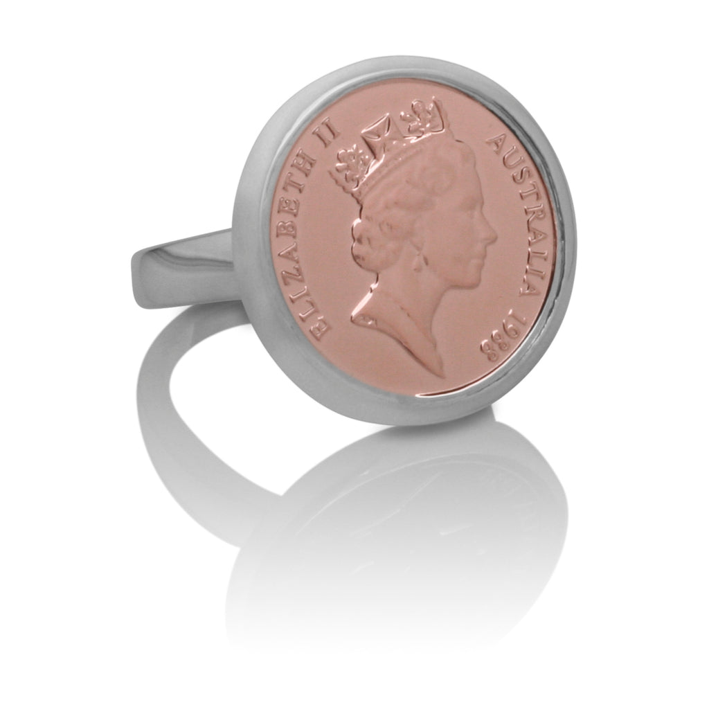 Queen Elizabeth Australian Rose Gold & Silver One Cent Coin Ring