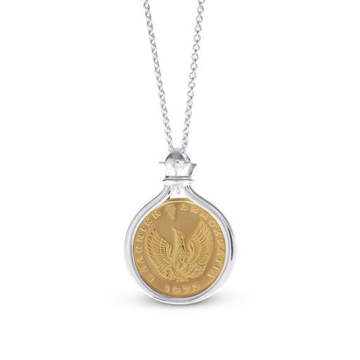 Restored Greek 50 Lepta Phoenix Gold Coin Pendant Set In Sterling Silver