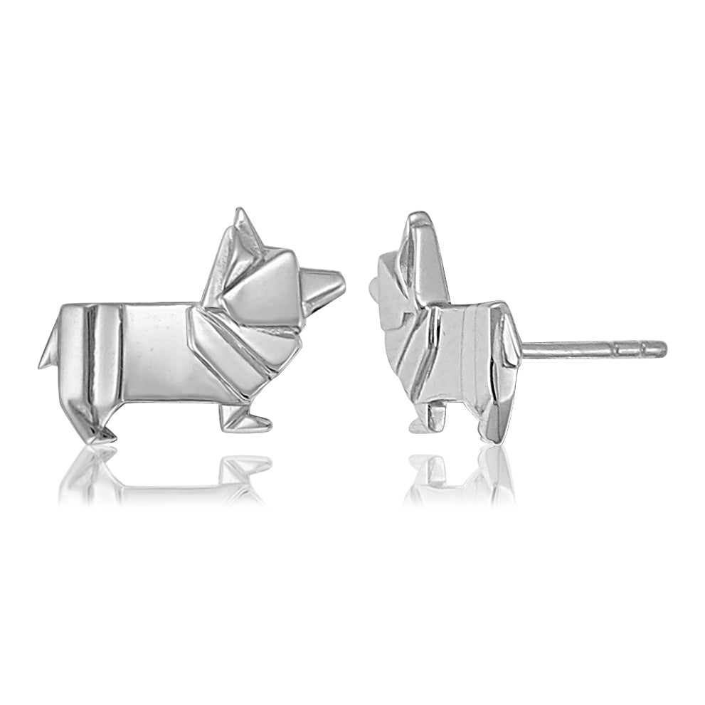 Corgi Origami Rhodium Enhanced Sterling Silver Stud Earrings