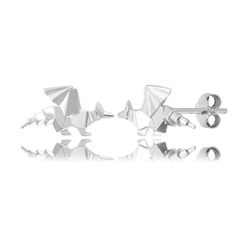 Dragon Origami Rhodium Enhanced Sterling Silver Stud Earrings