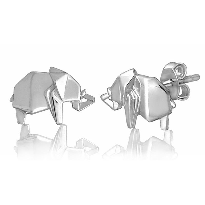 Elephant Origami Rhodium Enhanced Sterling Silver Stud Earrings