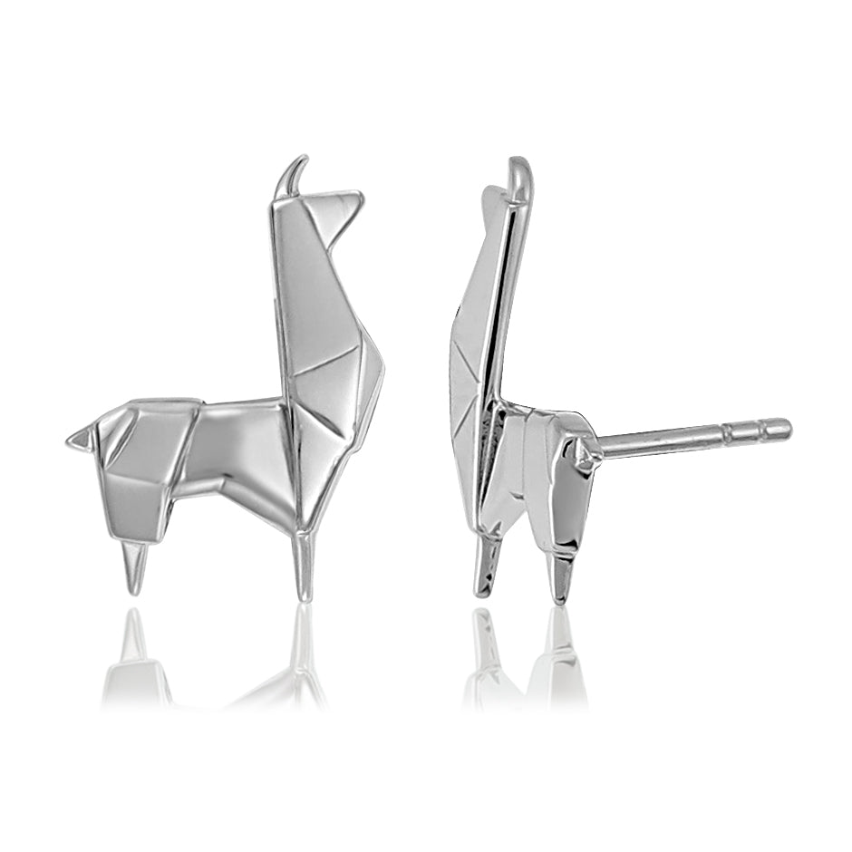 Llama Origami Rhodium Enhanced Sterling Silver Stud Earrings