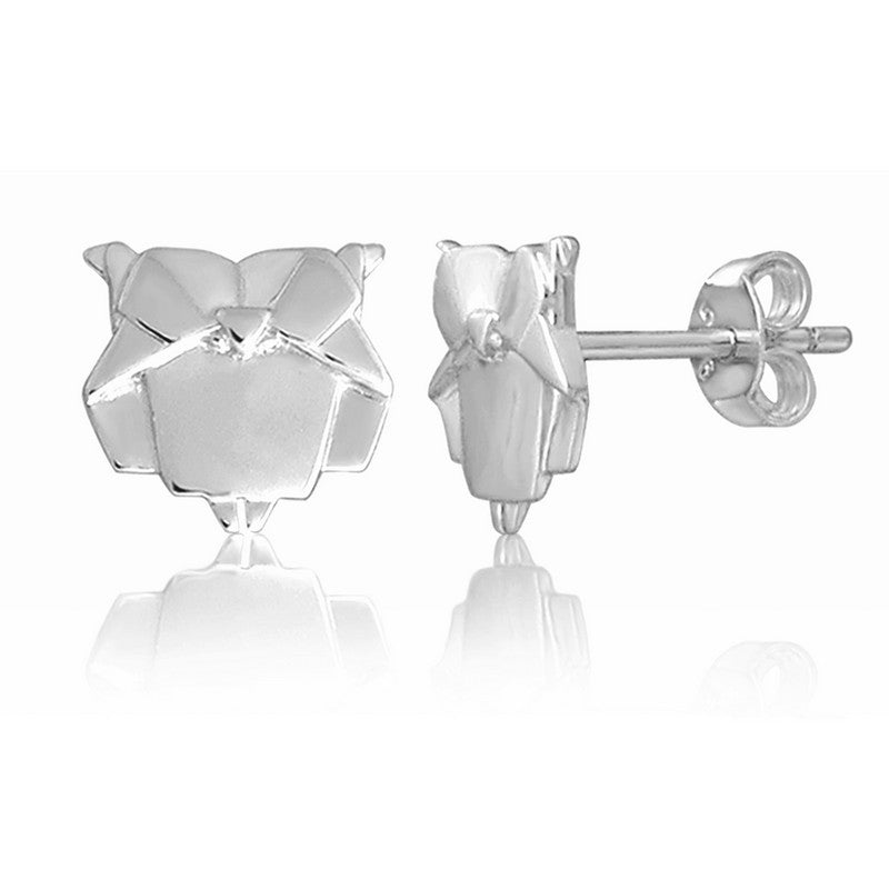 Owl Origami Rhodium Enhanced Sterling Silver Stud Earrings