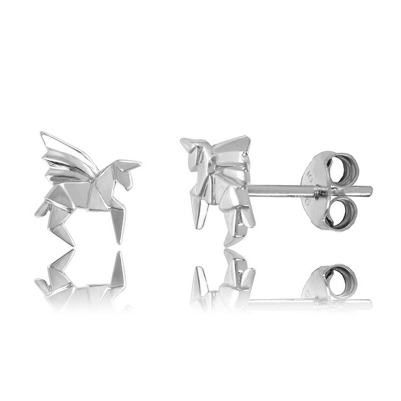 Pegasus Origami Rhodium Enhanced Sterling Silver Stud Earrings