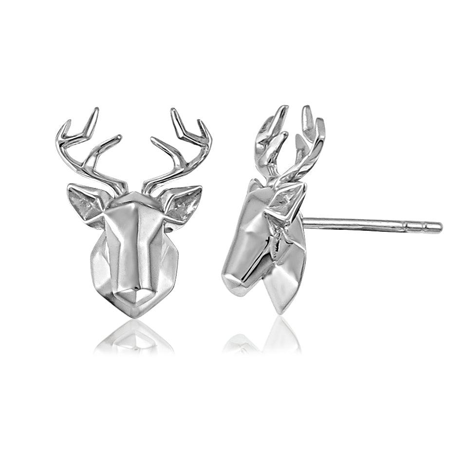 Deer Head Origami Rhodium Enhanced Sterling Silver Stud Earrings