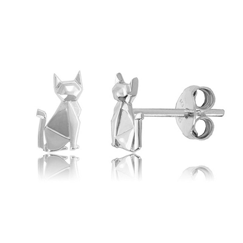 Siamese Cat Origami Rhodium Enhanced Sterling Silver Stud Earrings