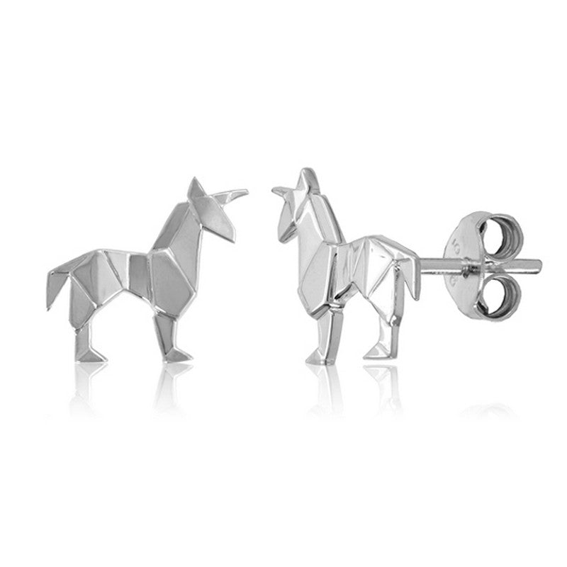 Unicorn Origami Rhodium Enhanced Sterling Silver Stud Earrings