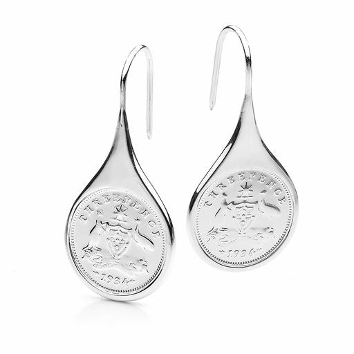 1936 Australian Shield Threepence Coin Drop Earrings