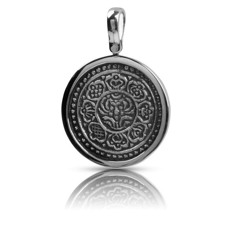 Tibetan Karma Coin Pendant Set in Sterling Silver
